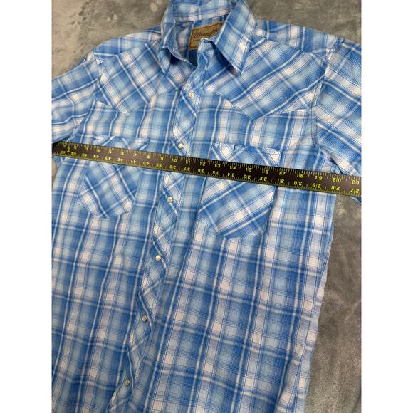 Wrangler Pearl Snap Collared Shirt Size Medium Western Short Sleeve Blue Plaid - Picture 6 of 8